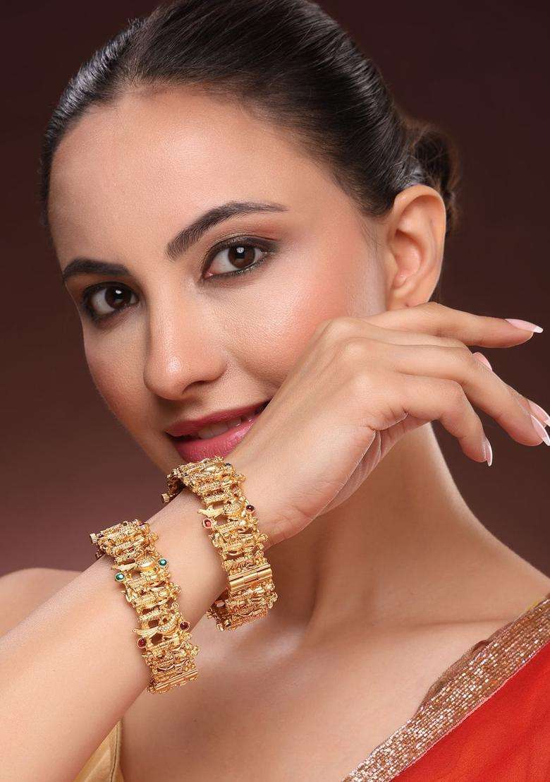 Set of 2 Gold-Plated Temple Kundan Bangles for Women | Traditional Temple Jewellery for Wedding & Festive Wear | Gift for Her - Indya