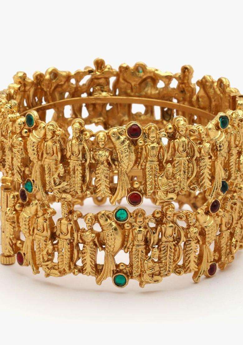 Set of 2 Gold-Plated Temple Kundan Bangles for Women | Traditional Temple Jewellery for Wedding & Festive Wear | Gift for Her - Indya