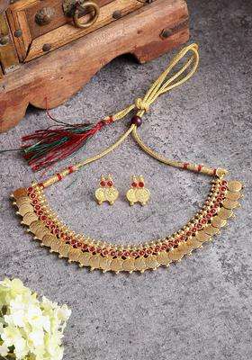 Gold-Plated Red Stone-Studded Kasula Temple Choker Necklace Set for Women | Traditional Temple Jewellery for Wedding & Festive Wear | Gift for Her