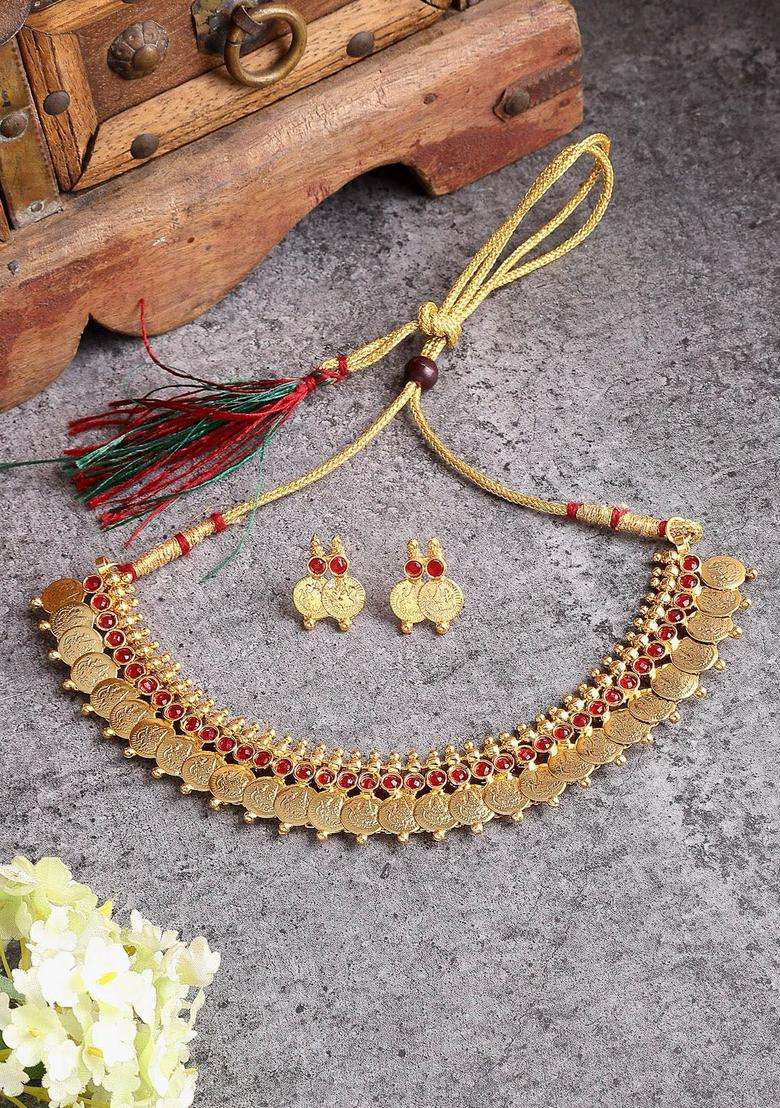 Gold-Plated Red Stone-Studded Kasula Temple Choker Necklace Set for Women | Traditional Temple Jewellery for Wedding & Festive Wear | Gift for Her - Indya