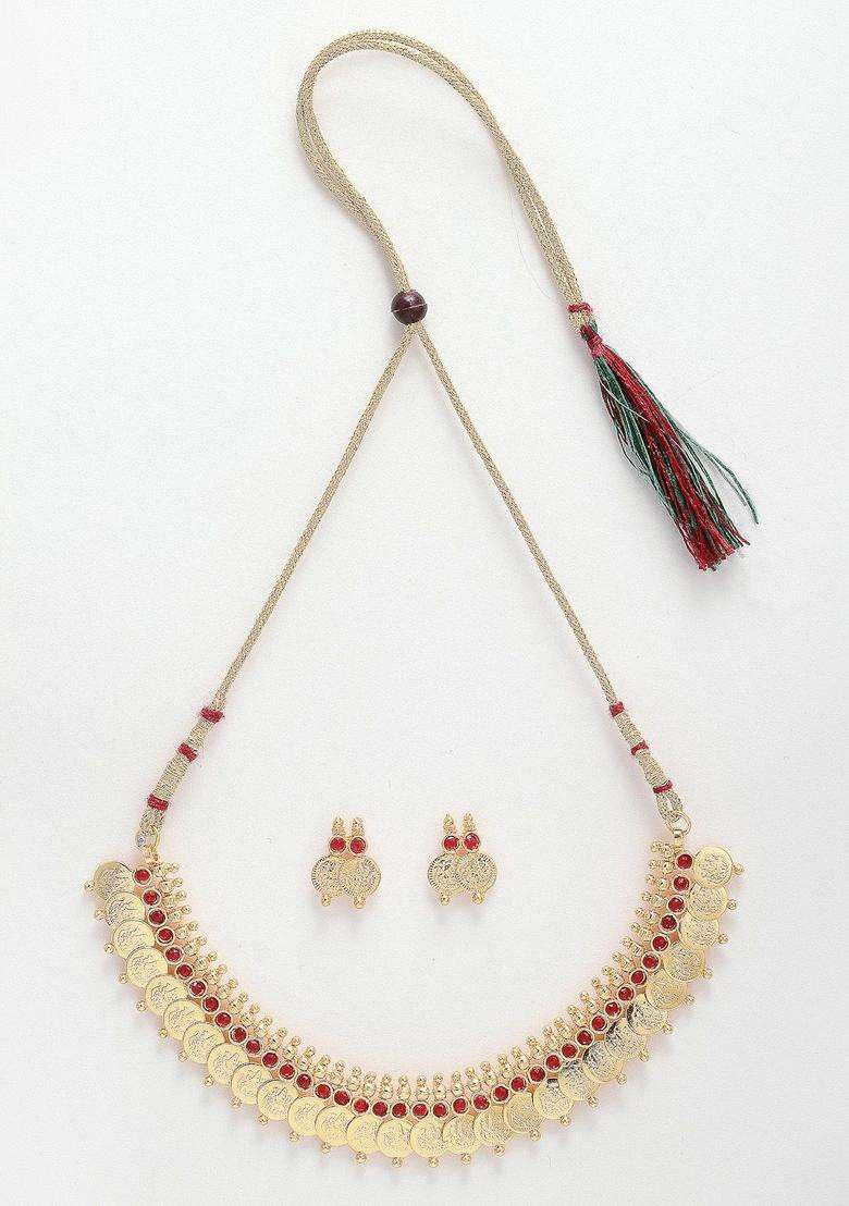 Gold-Plated Red Stone-Studded Kasula Temple Choker Necklace Set for Women | Traditional Temple Jewellery for Wedding & Festive Wear | Gift for Her - Indya