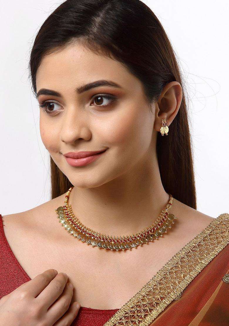 Gold-Plated Red Stone-Studded Kasula Temple Choker Necklace Set for Women | Traditional Temple Jewellery for Wedding & Festive Wear | Gift for Her - Indya