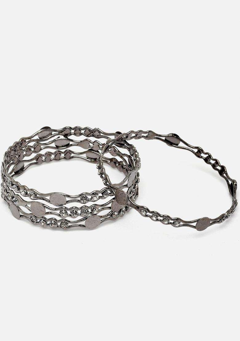 Silver-Plated Set of 4Oxidized Zig Zag Bangle with American Diamond for Women | Traditional Temple Jewellery for Wedding & Festive Wear | Gift for Her - Indya