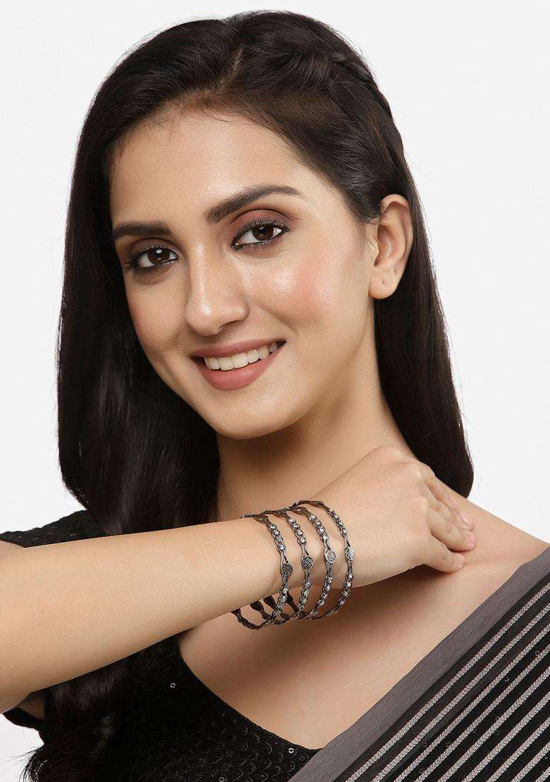 Silver-Plated Set of 4Oxidized Zig Zag Bangle with American Diamond for Women | Traditional Temple Jewellery for Wedding & Festive Wear | Gift for Her - Indya