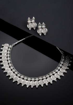 Oxidised Silver-Plated Pearl-Studded Temple Coin Jewellery Set for Women | Stylish Party & Everyday Wear | Gift for Her