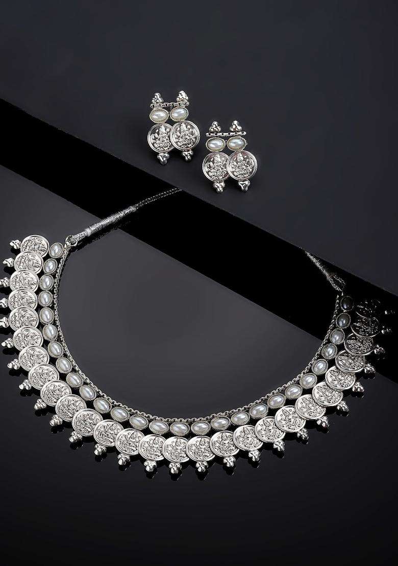Oxidised Silver-Plated Pearl-Studded Temple Coin Jewellery Set for Women | Stylish Party & Everyday Wear | Gift for Her - Indya