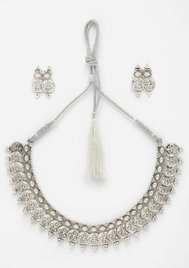 Oxidised Silver-Plated Pearl-Studded Temple Coin Jewellery Set for Women | Stylish Party & Everyday Wear | Gift for Her - Indya