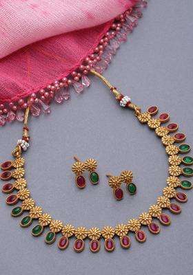 Gold-Plated Cubic Zirconia-Studded Floral Theme Jewellery Set for Women | Traditional Temple Jewellery for Wedding & Festive Wear | Gift for Her
