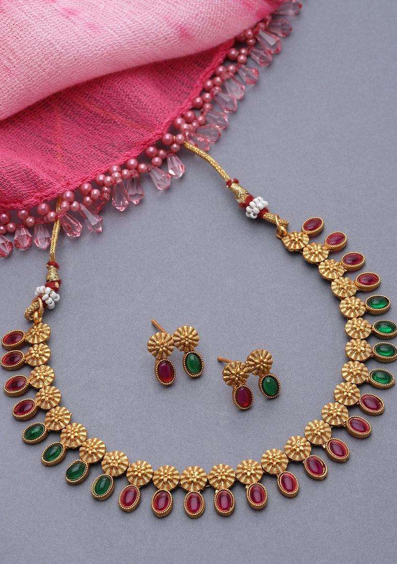 Gold-Plated Cubic Zirconia-Studded Floral Theme Jewellery Set for Women | Traditional Temple Jewellery for Wedding & Festive Wear | Gift for Her - Indya