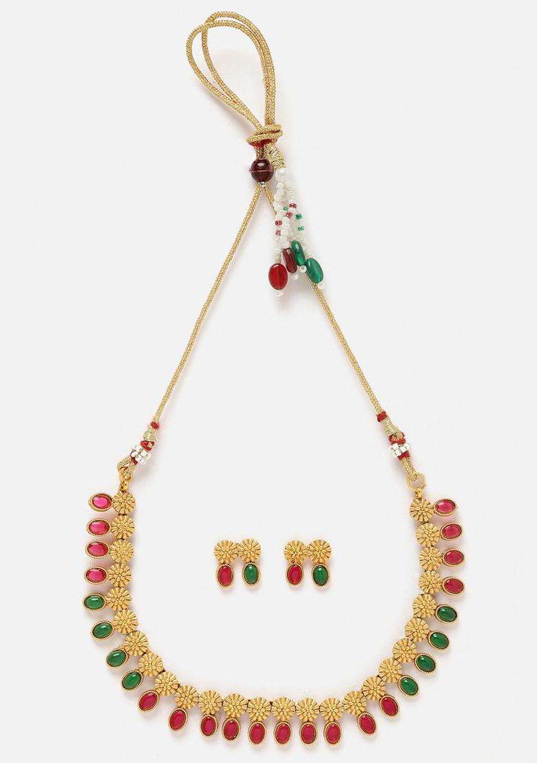 Gold-Plated Cubic Zirconia-Studded Floral Theme Jewellery Set for Women | Traditional Temple Jewellery for Wedding & Festive Wear | Gift for Her - Indya