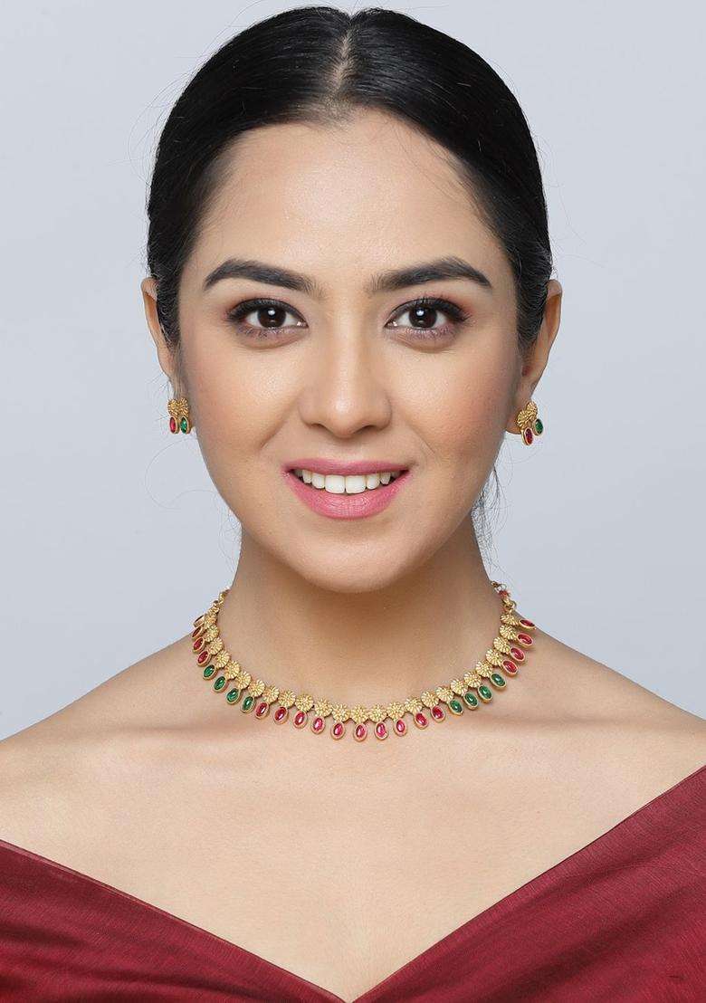 Gold-Plated Cubic Zirconia-Studded Floral Theme Jewellery Set for Women | Traditional Temple Jewellery for Wedding & Festive Wear | Gift for Her - Indya