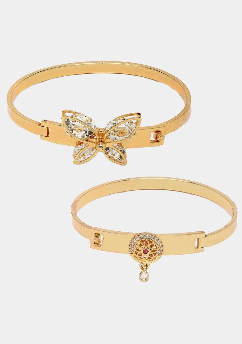 Set of 2 Gold-Plated Cubic Zirconia Studded Cuff Bracelet for Women | Traditional Temple Jewellery for Wedding & Festive Wear | Gift for Her - Indya