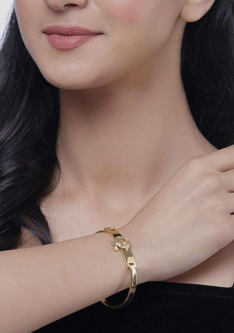 Set of 2 Gold-Plated Cubic Zirconia Studded Cuff Bracelet for Women | Traditional Temple Jewellery for Wedding & Festive Wear | Gift for Her - Indya