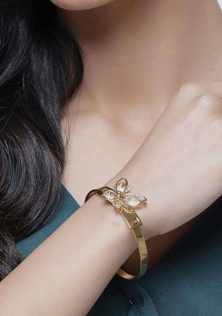 Set of 2 Gold-Plated Cubic Zirconia Studded Cuff Bracelet for Women | Traditional Temple Jewellery for Wedding & Festive Wear | Gift for Her - Indya