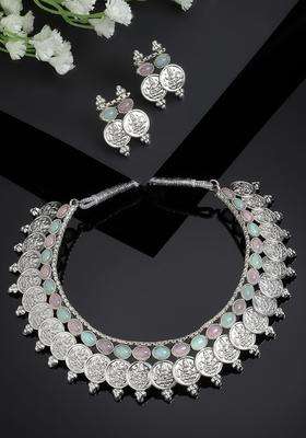 Oxidised Silver-Plated & Pearl-Studded & Temple Coin Jewellery Set for Women | Stylish Party & Everyday Wear | Gift for Her