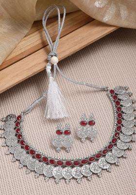Silver-Plated Red Stone-Studded Oxidised Temple Coin Jewellery Set with Kundan for Women | Stylish Party & Everyday Wear | Gift for Her