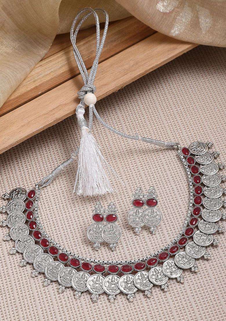 Silver-Plated Red Stone-Studded Oxidised Temple Coin Jewellery Set with Kundan for Women | Stylish Party & Everyday Wear | Gift for Her - Indya