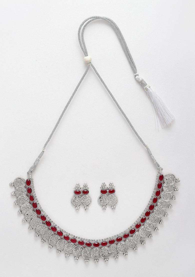 Silver-Plated Red Stone-Studded Oxidised Temple Coin Jewellery Set with Kundan for Women | Stylish Party & Everyday Wear | Gift for Her - Indya