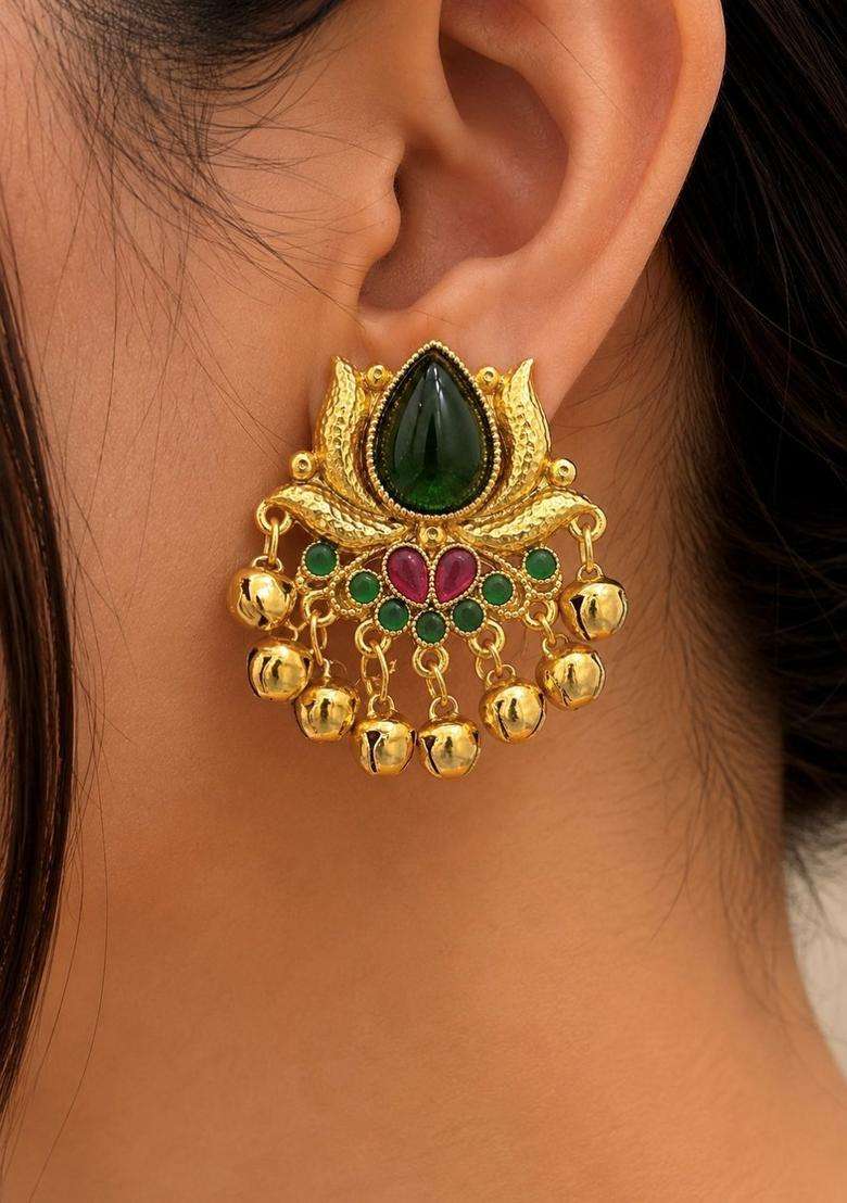 Gold-Plated Floral Drop Earrings for Women | Traditional Temple Jewellery for Wedding & Festive Wear | Gift for Her - Indya