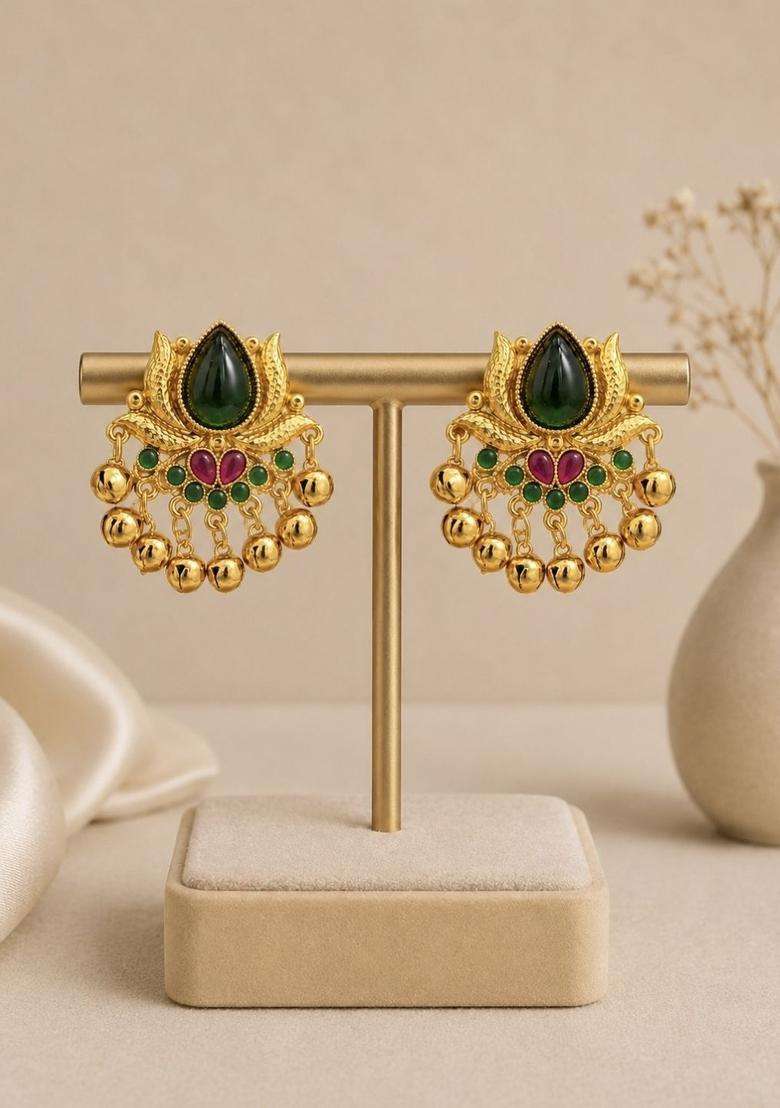 Gold-Plated Floral Drop Earrings for Women | Traditional Temple Jewellery for Wedding & Festive Wear | Gift for Her - Indya