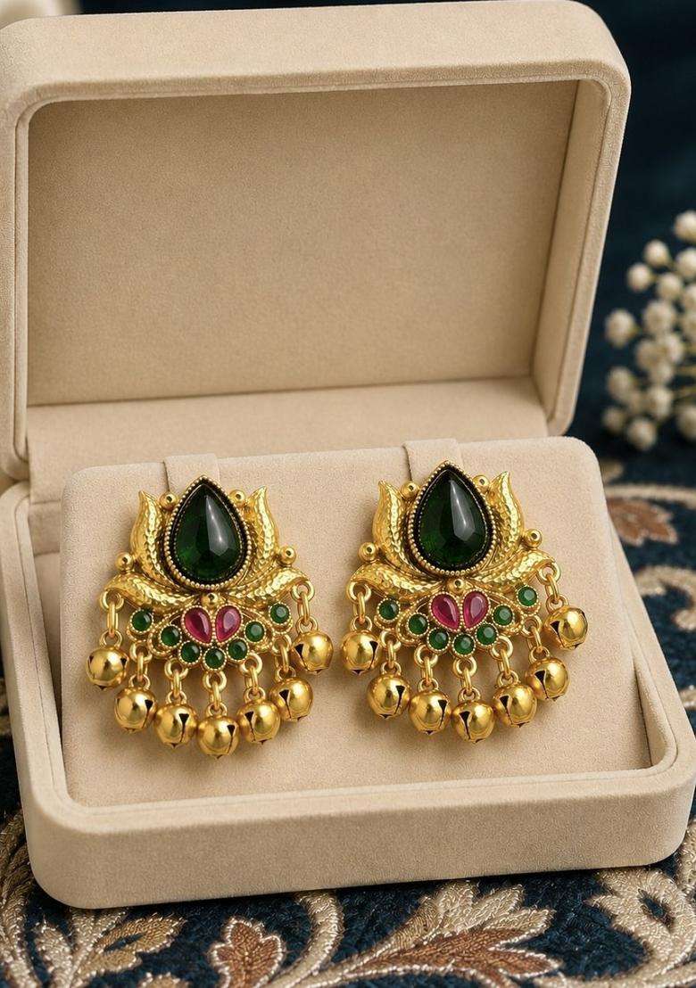 Gold-Plated Floral Drop Earrings for Women | Traditional Temple Jewellery for Wedding & Festive Wear | Gift for Her - Indya