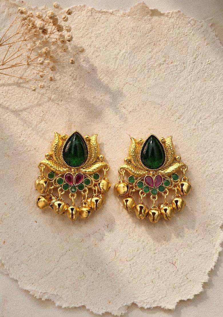 Gold-Plated Floral Drop Earrings for Women | Traditional Temple Jewellery for Wedding & Festive Wear | Gift for Her - Indya