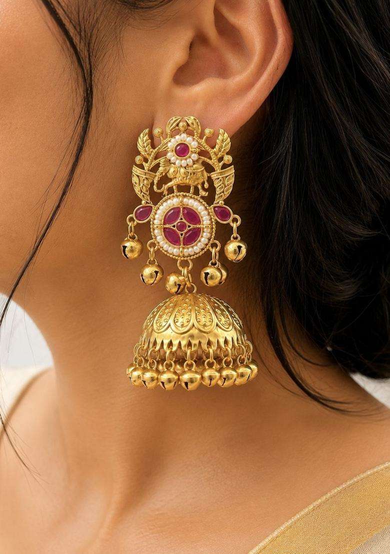 Gold-Plated Geometric Jhumkas Earrings for Women | Traditional Temple Jewellery for Wedding & Festive Wear | Gift for Her - Indya