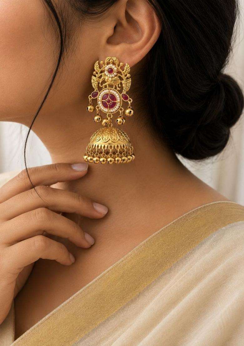 Gold-Plated Geometric Jhumkas Earrings for Women | Traditional Temple Jewellery for Wedding & Festive Wear | Gift for Her - Indya