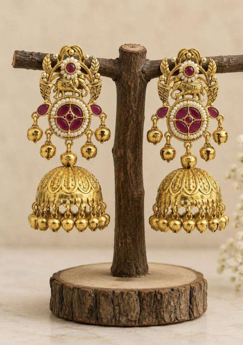Gold-Plated Geometric Jhumkas Earrings for Women | Traditional Temple Jewellery for Wedding & Festive Wear | Gift for Her - Indya