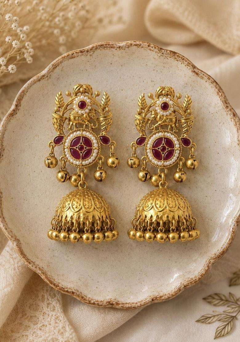 Gold-Plated Geometric Jhumkas Earrings for Women | Traditional Temple Jewellery for Wedding & Festive Wear | Gift for Her - Indya