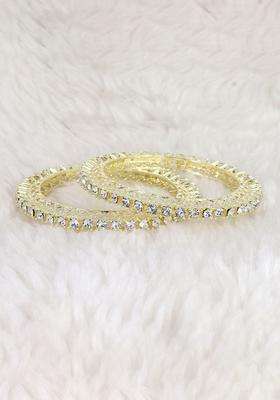 Set of 2 Gold-Plated Cubic Zirconia Stone-Studded Bangles with American Diamond for Women | Traditional Temple Jewellery for Wedding & Festive Wear | Gift for Her