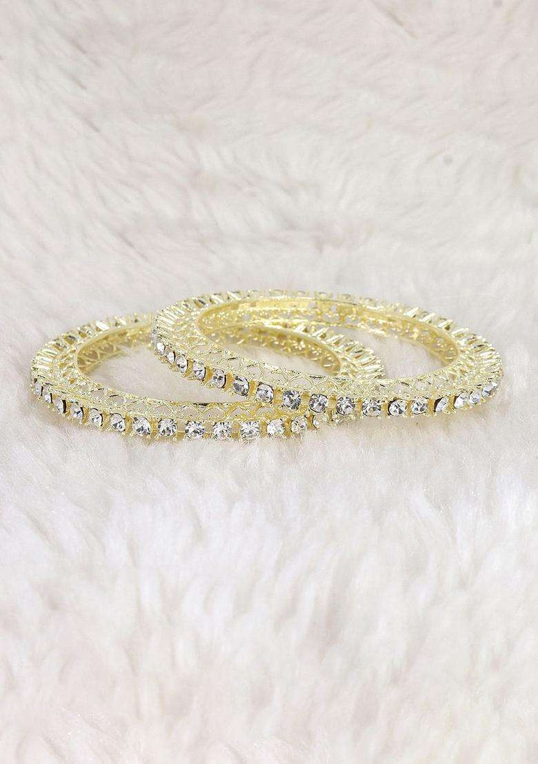 Set of 2 Gold-Plated Cubic Zirconia Stone-Studded Bangles with American Diamond for Women | Traditional Temple Jewellery for Wedding & Festive Wear | Gift for Her - Indya