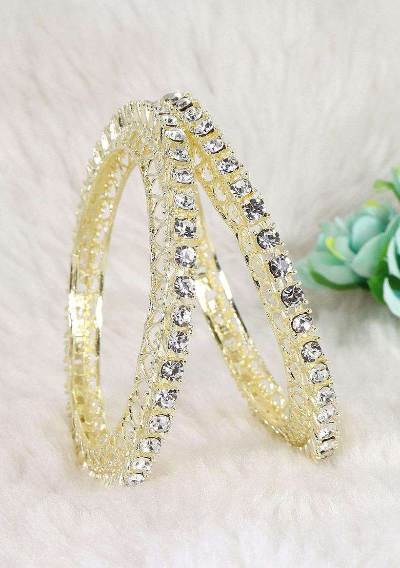 Set of 2 Gold-Plated Cubic Zirconia Stone-Studded Bangles with American Diamond for Women | Traditional Temple Jewellery for Wedding & Festive Wear | Gift for Her - Indya