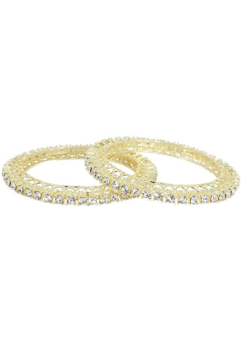 Set of 2 Gold-Plated Cubic Zirconia Stone-Studded Bangles with American Diamond for Women | Traditional Temple Jewellery for Wedding & Festive Wear | Gift for Her - Indya