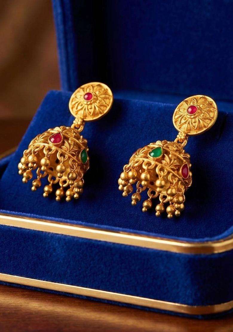 Gold-Plated Geometric Jhumkas Earrings for Women | Traditional Temple Jewellery for Wedding & Festive Wear | Gift for Her - Indya