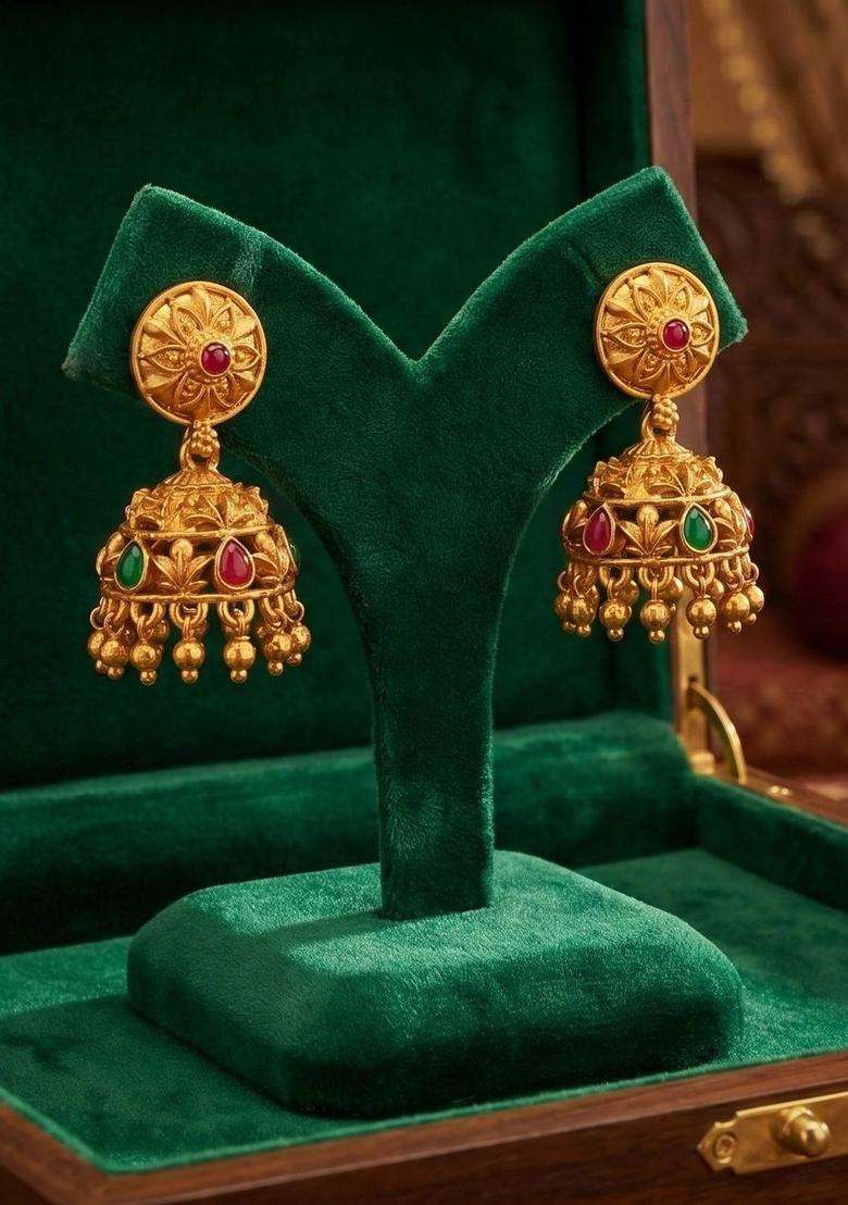 Gold-Plated Circular Jhumkas Earrings for Women | Traditional Temple Jewellery for Wedding & Festive Wear | Gift for Her - Indya