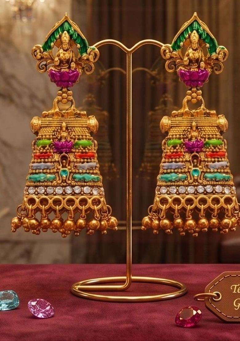 Gold-Plated Geometric Jhumkas Earrings for Women | Traditional Temple Jewellery for Wedding & Festive Wear | Gift for Her - Indya