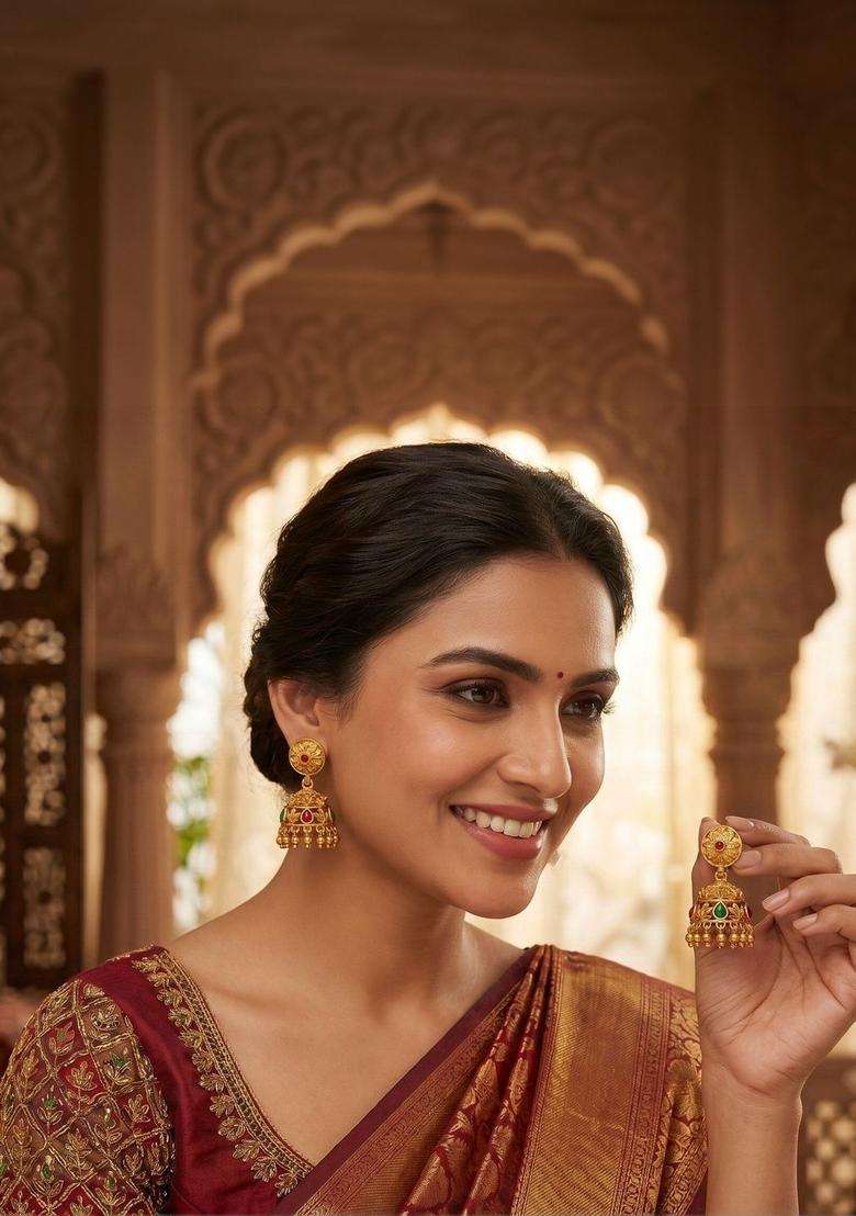 Gold-Plated Circular Jhumkas Earrings for Women | Traditional Temple Jewellery for Wedding & Festive Wear | Gift for Her - Indya