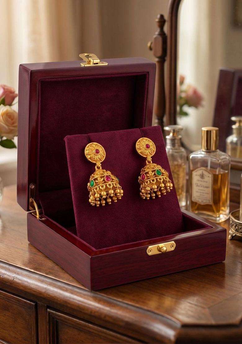 Gold-Plated Circular Jhumkas Earrings for Women | Traditional Temple Jewellery for Wedding & Festive Wear | Gift for Her - Indya