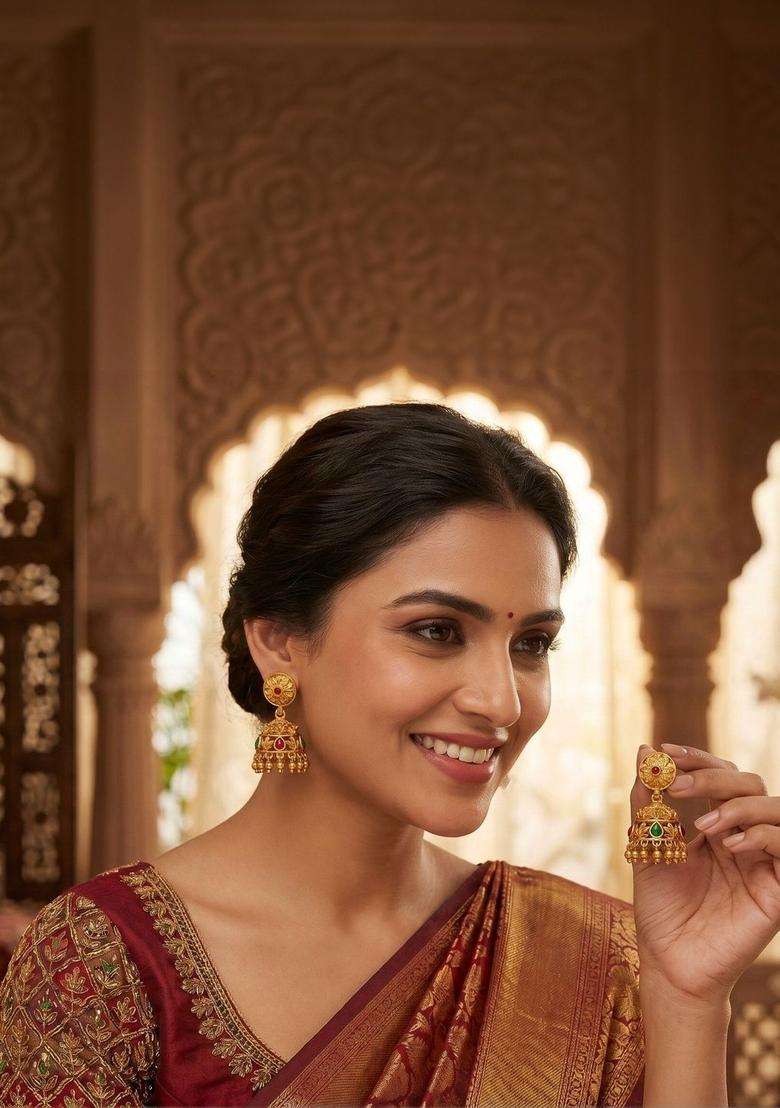 Gold-Plated Circular Jhumkas Earrings for Women | Traditional Temple Jewellery for Wedding & Festive Wear | Gift for Her - Indya