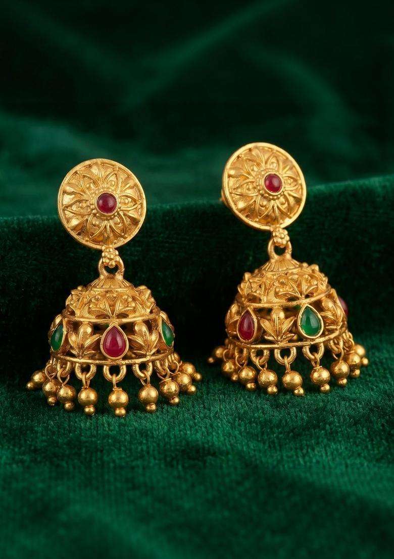 Gold-Plated Floral Jhumkas Earrings for Women | Traditional Temple Jewellery for Wedding & Festive Wear | Gift for Her - Indya