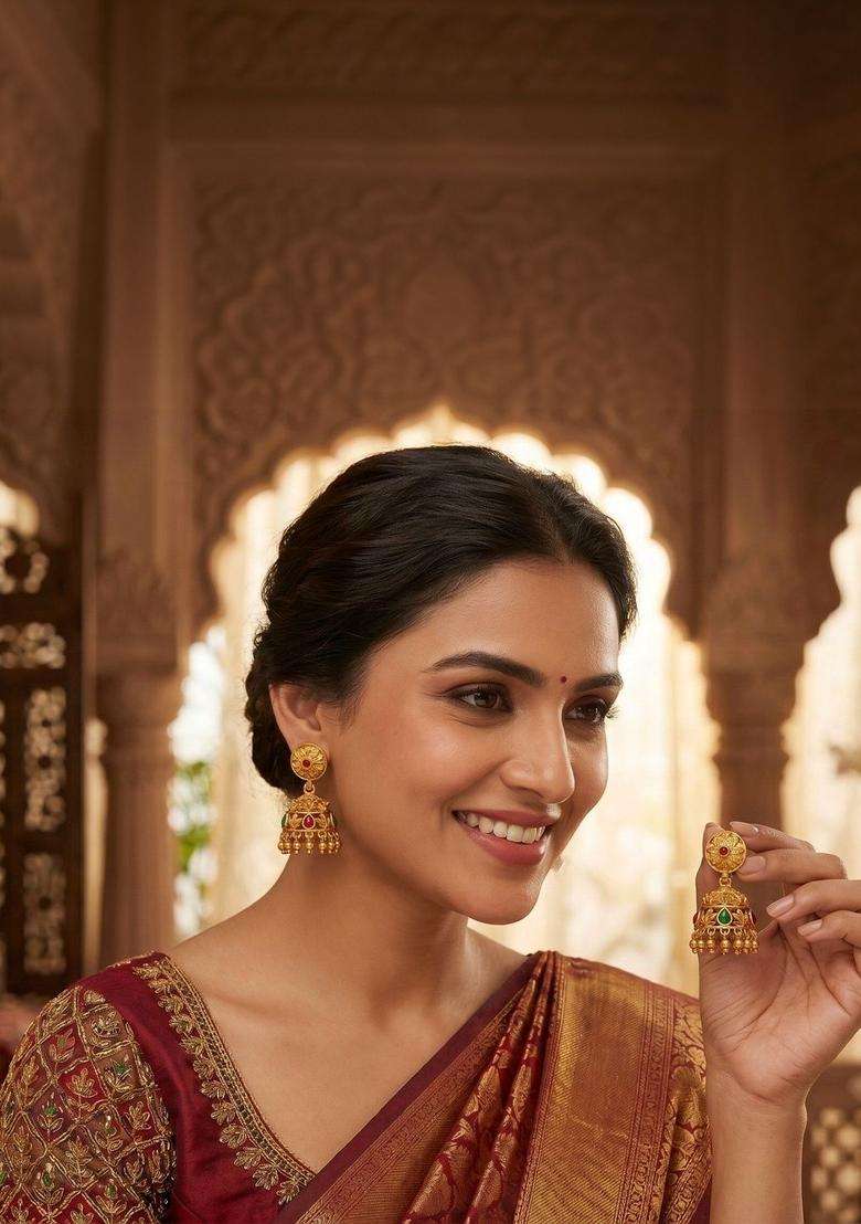 Gold-Plated Floral Jhumkas Earrings for Women | Traditional Temple Jewellery for Wedding & Festive Wear | Gift for Her - Indya