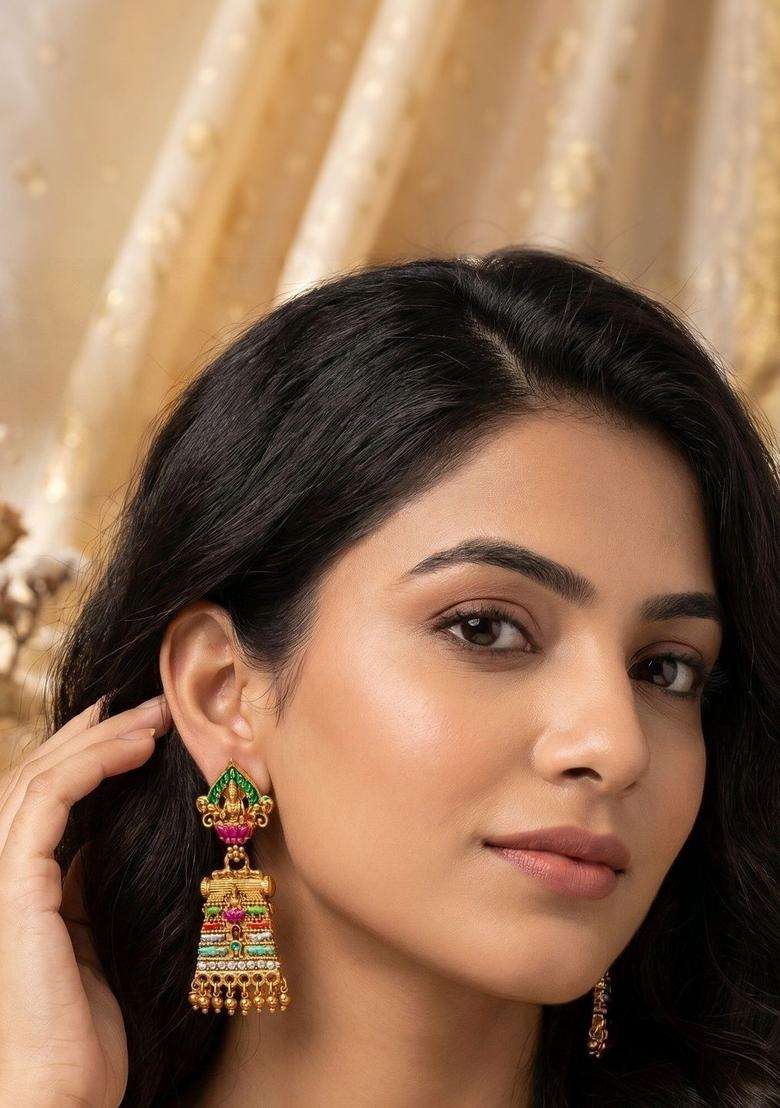 Gold-Plated Geometric Drop Earrings for Women | Traditional Temple Jewellery for Wedding & Festive Wear | Gift for Her - Indya