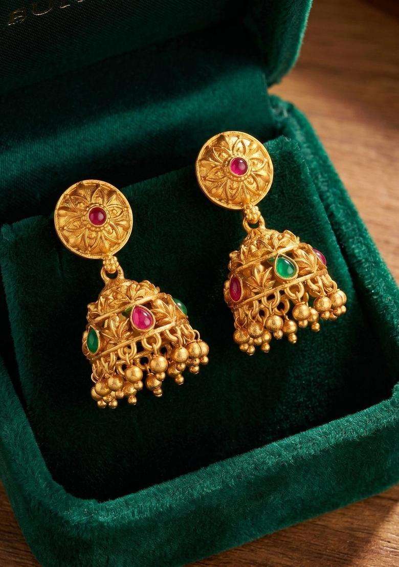 Gold-Plated Geometric Jhumkas Earrings for Women | Traditional Temple Jewellery for Wedding & Festive Wear | Gift for Her - Indya