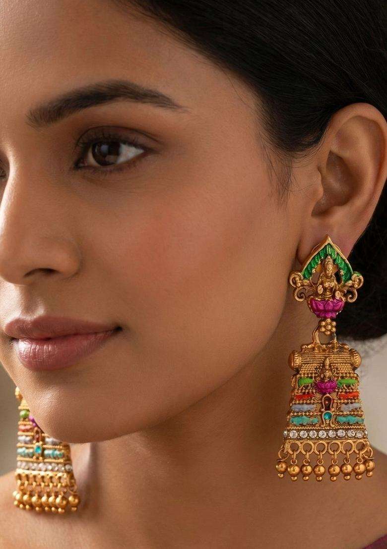 Gold-Plated Geometric Drop Earrings for Women | Traditional Temple Jewellery for Wedding & Festive Wear | Gift for Her - Indya