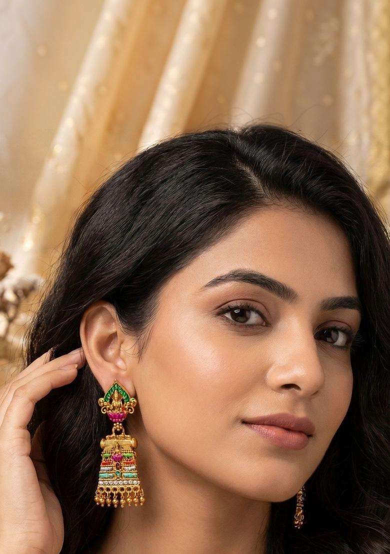 Gold-Plated Geometric Drop Earrings for Women | Traditional Temple Jewellery for Wedding & Festive Wear | Gift for Her - Indya