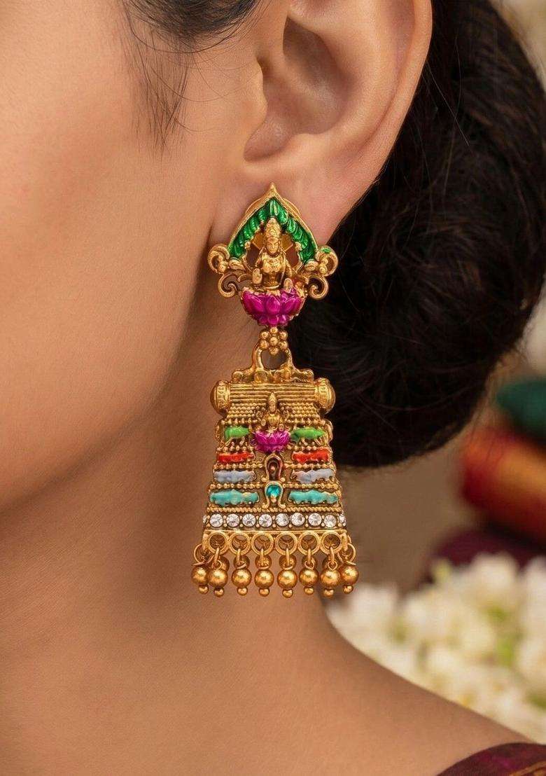 Gold-Plated Geometric Drop Earrings for Women | Traditional Temple Jewellery for Wedding & Festive Wear | Gift for Her - Indya