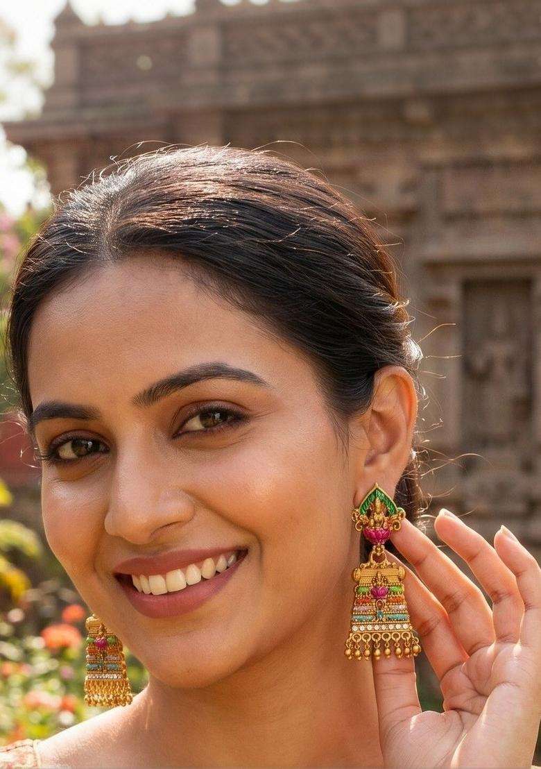 Gold-Plated Floral Jhumkas Earrings for Women | Traditional Temple Jewellery for Wedding & Festive Wear | Gift for Her - Indya