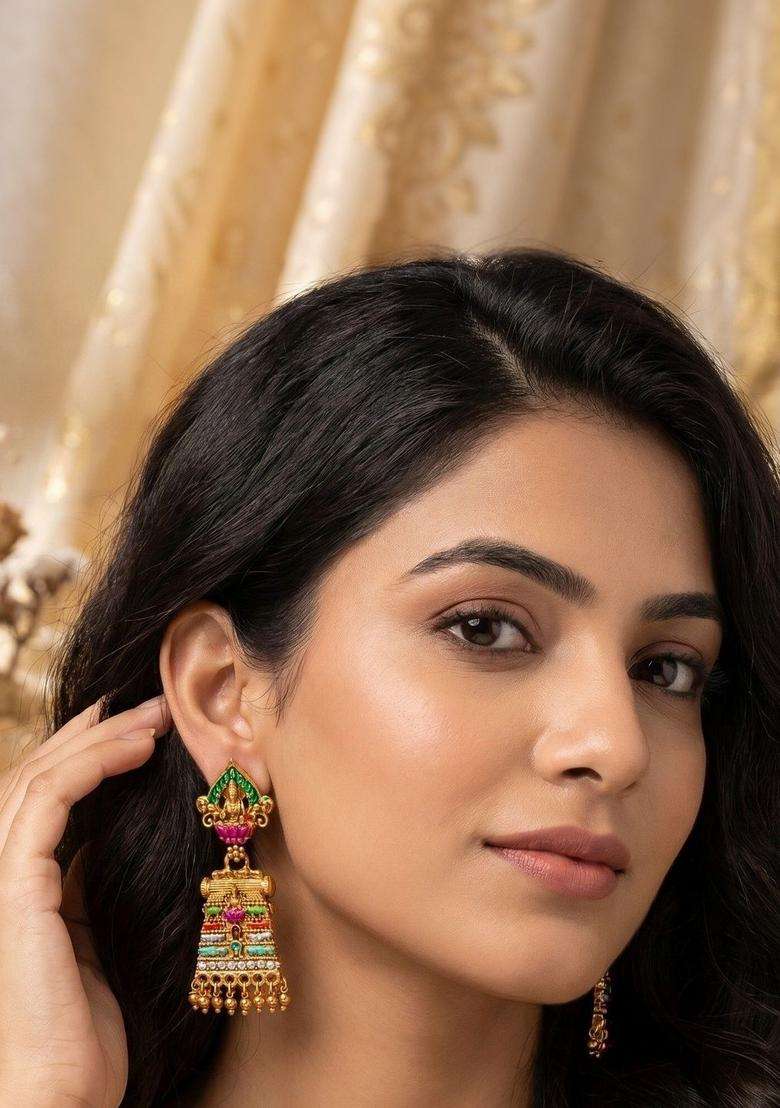 Gold-Plated Floral Jhumkas Earrings for Women | Traditional Temple Jewellery for Wedding & Festive Wear | Gift for Her - Indya