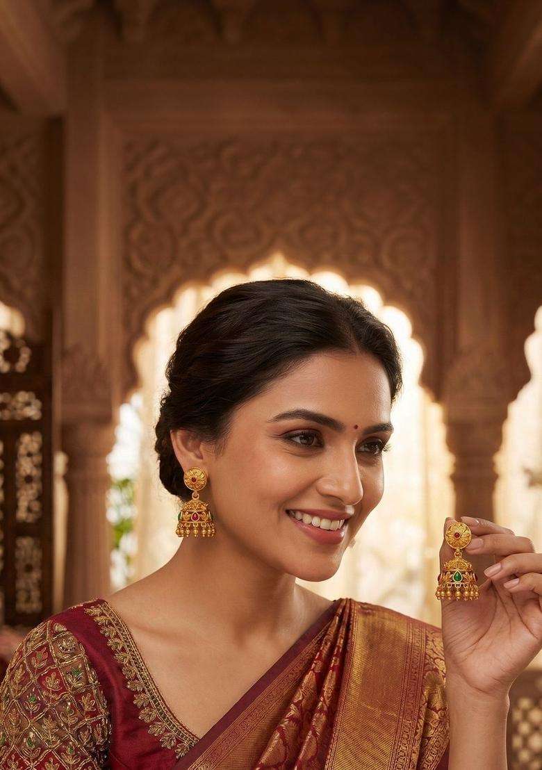 Gold-Plated Geometric Jhumkas Earrings for Women | Traditional Temple Jewellery for Wedding & Festive Wear | Gift for Her - Indya